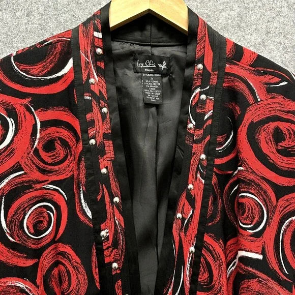 Ivy Chic Open Front Jacket Women's Size 2X Red Black Abstract Swirl Studded Trim - Picture 3 of 12